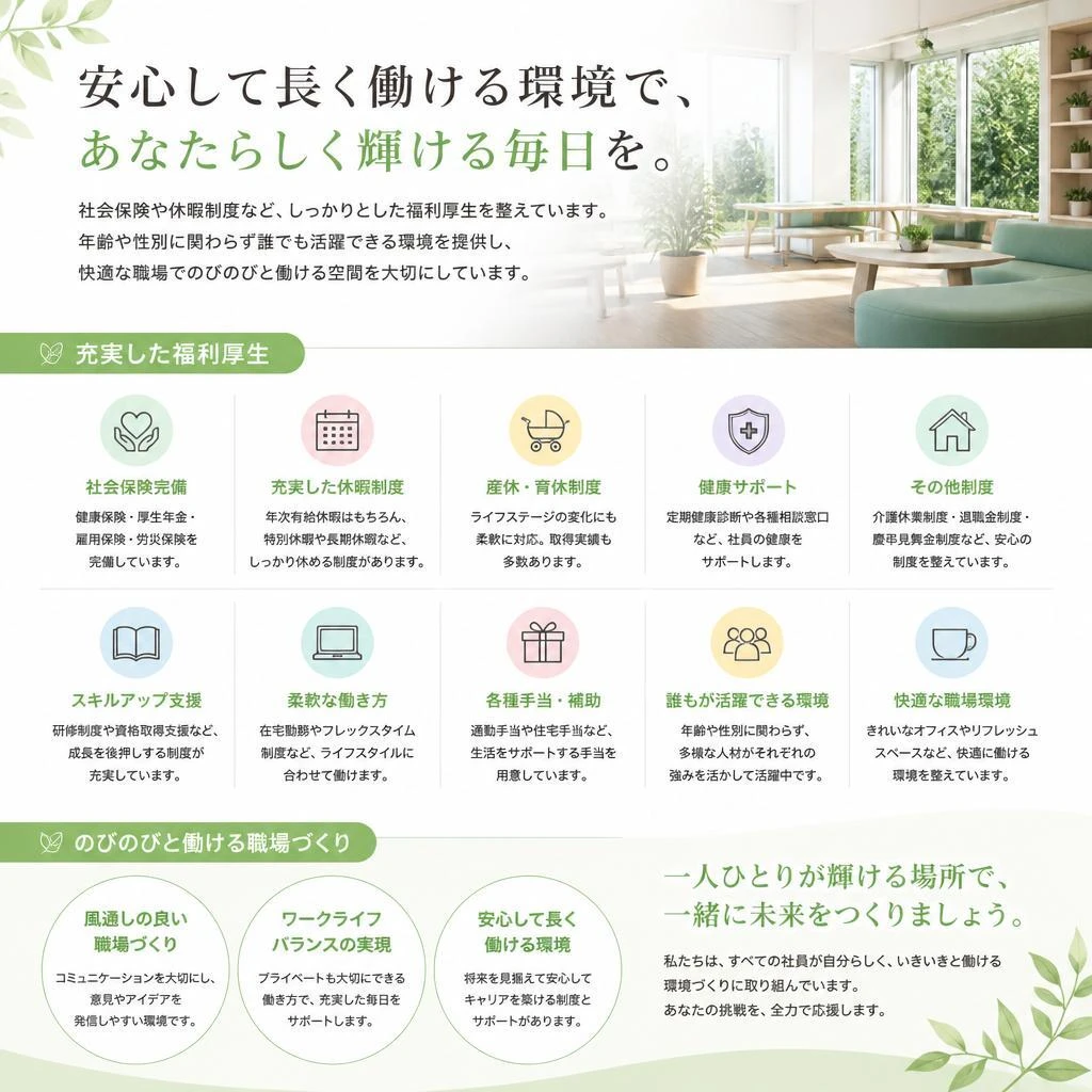 充実の福利厚生と働きやすい環境